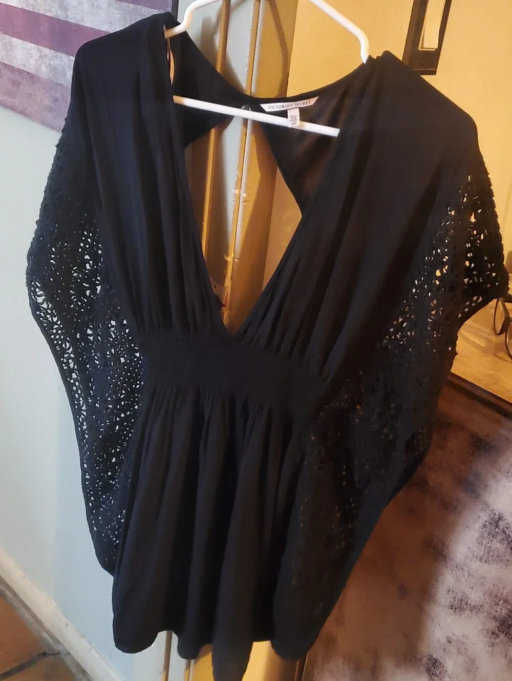 Victoria's Secret Black Crochet-Sleeve V-Neck Blouse - Picture 1 of 2